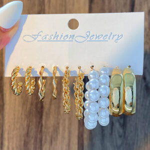 1Set Gold Color Vintage Geometry Pearl Earrings Set Alloy Twine Round Dangle Earrings For Women Simple Trendy Party Jewelry-MINETTE