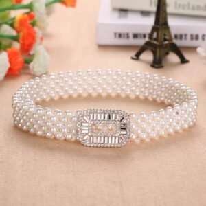 【beauty code store】Elegant Women Pearl Waist Belt Elastic Buckle Pearl Chain Belt Dress Crystal Strap Elastic Belt Luxury Brand