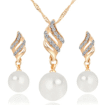 New Women's Bridal Spiral Diamond Pearl Necklace Earrings Two Piece Jewelry Set