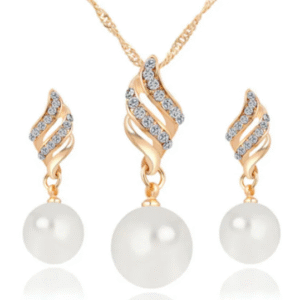 New Women's Bridal Spiral Diamond Pearl Necklace Earrings Two Piece Jewelry Set