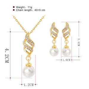 New Women's Bridal Spiral Diamond Pearl Necklace Earrings Two Piece Jewelry Set