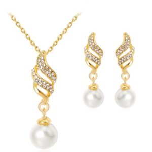 New Women's Bridal Spiral Diamond Pearl Necklace Earrings Two Piece Jewelry Set