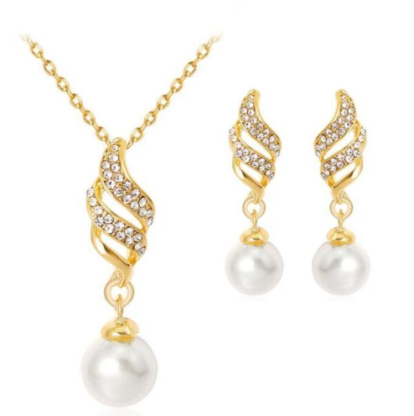 New Women's Bridal Spiral Diamond Pearl Necklace Earrings Two Piece Jewelry Set