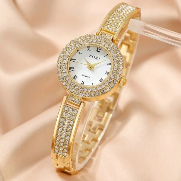 NW1406 5pcs Ladies Watch Jewelry Set Fashion Round Women Watch Rhinestone Necklace Earrings Ring Set