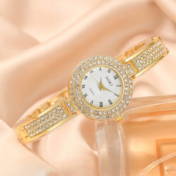 NW1406 5pcs Ladies Watch Jewelry Set Fashion Round Women Watch Rhinestone Necklace Earrings Ring Set