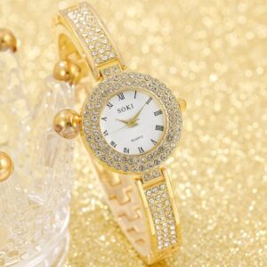 NW1406 5pcs Ladies Watch Jewelry Set Fashion Round Women Watch Rhinestone Necklace Earrings Ring Set