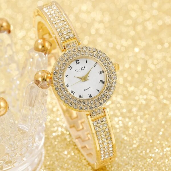 NW1406 5pcs Ladies Watch Jewelry Set Fashion Round Women Watch Rhinestone Necklace Earrings Ring Set