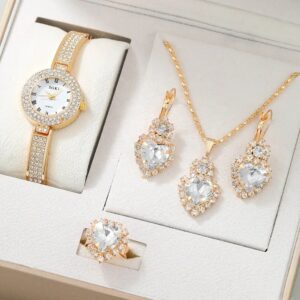 NW1406 5pcs Ladies Watch Jewelry Set Fashion Round Women Watch Rhinestone Necklace Earrings Ring Set
