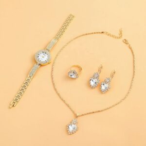 NW1406 5pcs Ladies Watch Jewelry Set Fashion Round Women Watch Rhinestone Necklace Earrings Ring Set