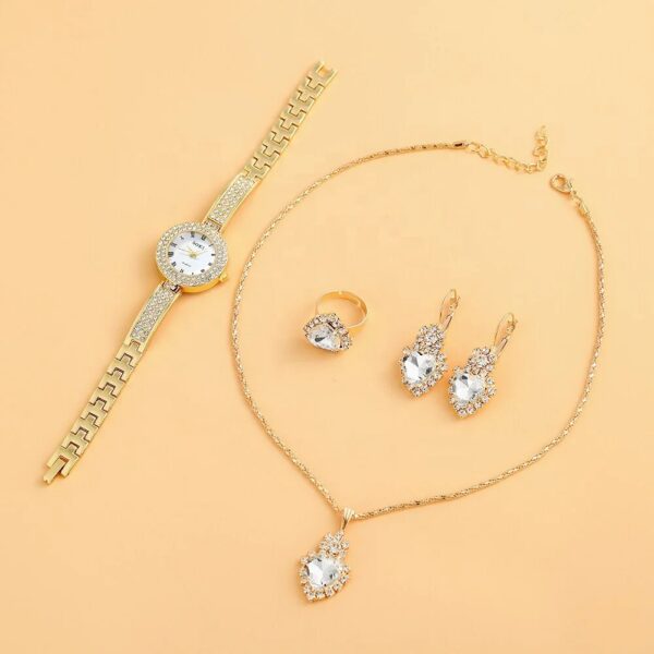 NW1406 5pcs Ladies Watch Jewelry Set Fashion Round Women Watch Rhinestone Necklace Earrings Ring Set