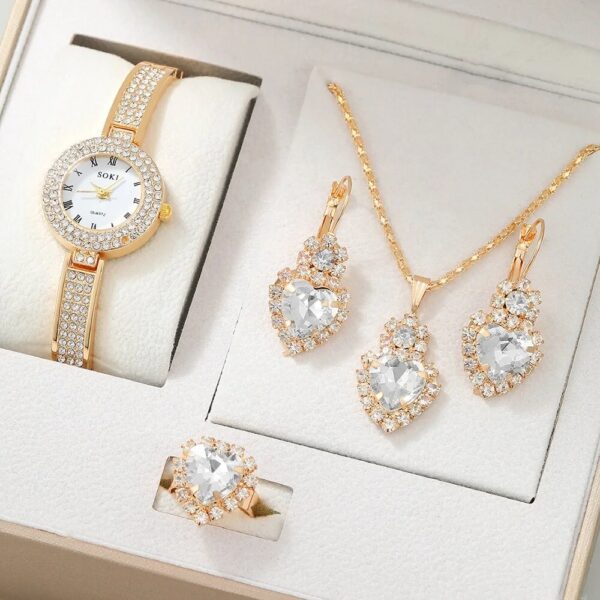 NW1406 5pcs Ladies Watch Jewelry Set Fashion Round Women Watch Rhinestone Necklace Earrings Ring Set