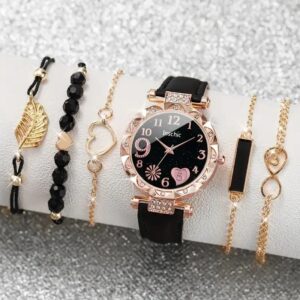 Women Watch Cute Heart Dial Quartz Watch Shiny Rhinestone Analog Wrist Watch Bracelets Gift for Mom